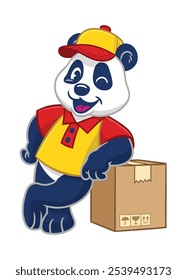 Mascot Of Cheerful Panda Courier Leaning on Delivery Package