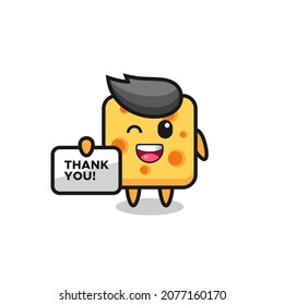 the mascot of the cheese holding a banner that says thank you , cute style design for t shirt, sticker, logo element