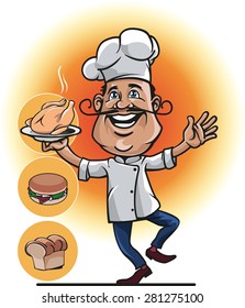 mascot a chef or cook with roasted chicken in his hand and the two other options, namely bread and burgers.