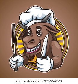 The mascot chef goat was holding a knife, and had a very happy expression on his face.