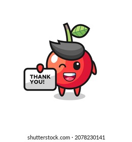 the mascot of the cherry holding a banner that says thank you , cute style design for t shirt, sticker, logo element