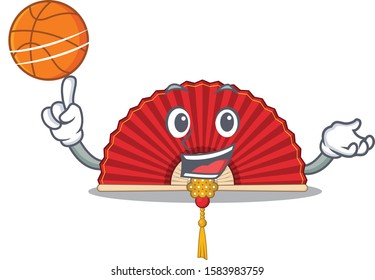 Mascot of chinese folding fan cartoon character style with basketball