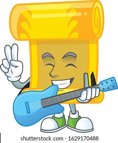 A mascot of chinese gold scroll performance with guitar