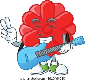 A mascot of chinese red flower performance with guitar