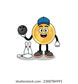 Mascot of chinese yuan as a bowling player , character design