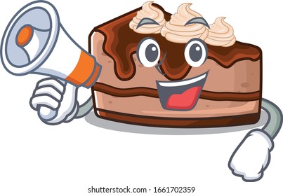 A mascot of chocolate cheesecake speaking on a megaphone