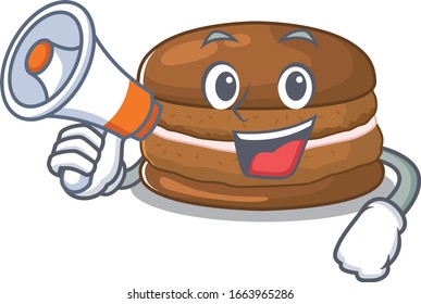 A mascot of chocolate macaron speaking on a megaphone
