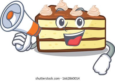 A mascot of chocolate slice cake speaking on a megaphone