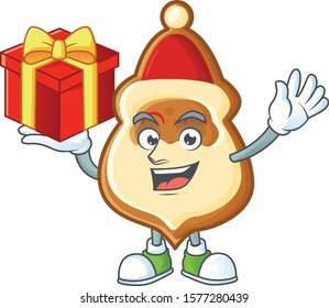 Mascot of christmas hat cookies character up a gift
