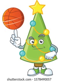 Mascot of christmas tree decoration cartoon character style with basketball