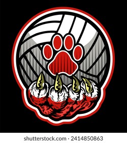 mascot claw holding volleyball with a paw print for school, college or league sports