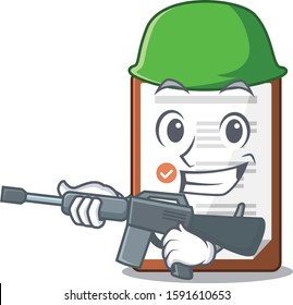 A mascot of clipboard Scroll Army with machine gun