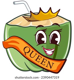 mascot coconut drink character with a straw with a cute face becomes a beautiful queen complete with crown, isolated cartoon vector illustration. emoticon, cute coconut mascot