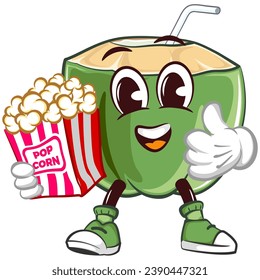 mascot coconut drink character with a straw with a funny face carrying popcorn while giving a thumbs up, isolated cartoon vector illustration. emoticon, cute coconut mascot