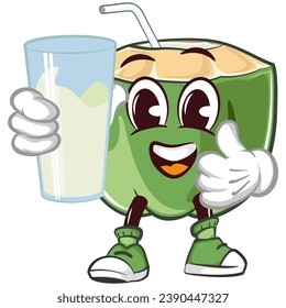 mascot coconut drink character with a straw with a funny face carrying a glass of coconut water while giving a thumbs up, isolated cartoon vector illustration. emoticon, cute coconut mascot