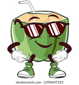 mascot coconut drink character with a straw with a cool stylish funny face wearing sunglasses, isolated cartoon vector illustration. emoticon, cute coconut mascot