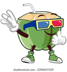 mascot coconut drink character with a straw with a funny face wearing three-dimensional glasses, isolated cartoon vector illustration. emoticon, cute coconut mascot