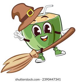 mascot coconut drink character with a straw with a funny face flying on a witch's magic broom while wearing a witch hat, isolated cartoon vector illustration. emoticon, cute coconut mascot