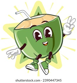mascot coconut drink character with straw with funny face jumping with raised finger peace sign in front of shining star, isolated cartoon vector illustration. emoticon, cute coconut mascot