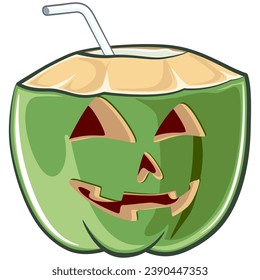 personaje de bebida de coco de mascota con una paja con una cara graciosa que se parece a una calabaza de halloween, ilustración aislada del vector de dibujos animados. emoticono, linda mascota de coco