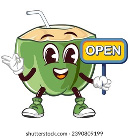 mascot coconut drink character with a straw with a funny face giving an okay sign while carrying a board saying open, isolated cartoon vector illustration. emoticon, cute coconut mascot