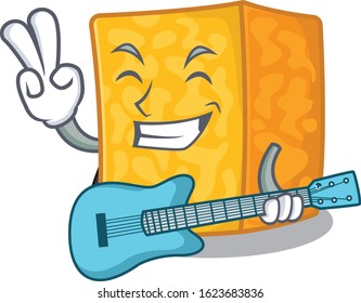 A mascot of colby jack cheese performance with guitar