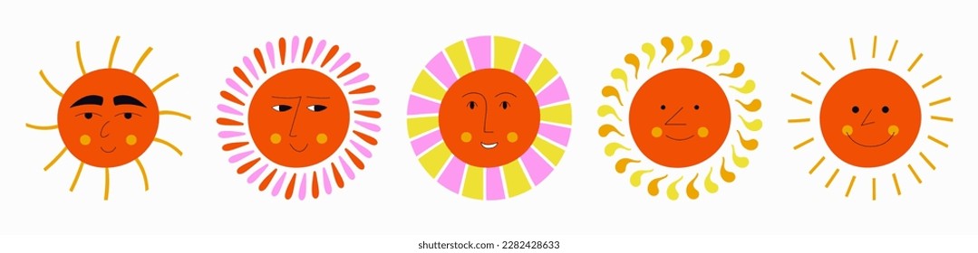 Mascot collection, joyful suns. Variety emotions, different faces, summer object. Simple cute shapes, flat vector
