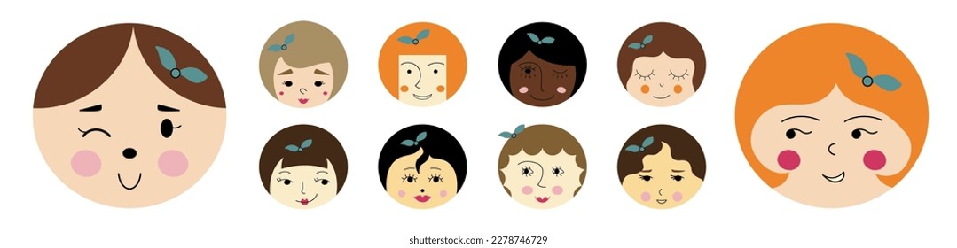 Mascot collection, sweet girlish faces. Comic style, different emoticons, woman image. Simple cute shapes, flat vector
