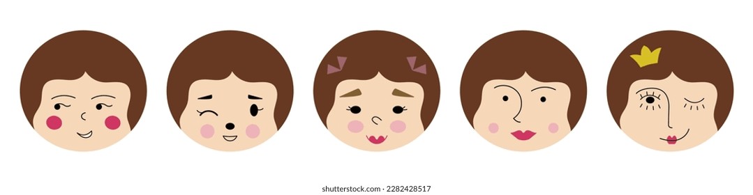 Mascot collection, sweet girlish faces. Variety emotions, different faces, feminine appearance. Simple cute shapes, flat vector
