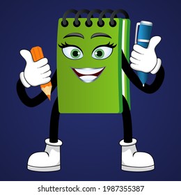 Mascot colorful notepad character standing and holding pen and pencil isolated