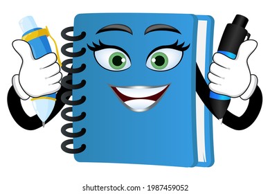 Mascot colorful notepad character standing and holding pen with cheerful expression smiling isolated