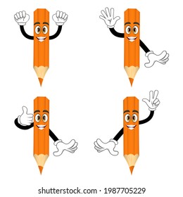 Mascot colorful pencil character doing different actions standing cheerful expression smiling isolated