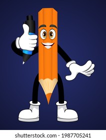 Mascot colorful pencil character standing and holding pen with cheerful expression