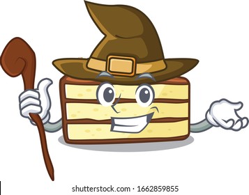 a mascot concept of chocolate slice cake performed as a witch