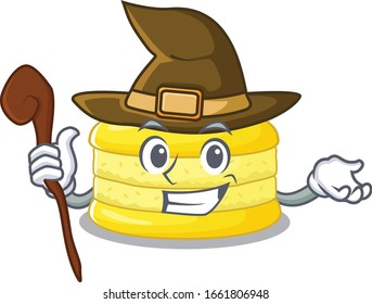 a mascot concept of lemon macaron performed as a witch