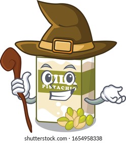 a mascot concept of pistachio milk performed as a witch