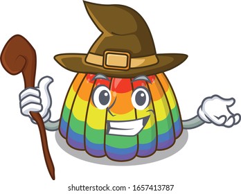 a mascot concept of rainbow jelly performed as a witch