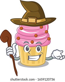 a mascot concept of strawberry cupcake performed as a witch