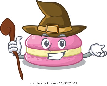 a mascot concept of strawberry macarons performed as a witch