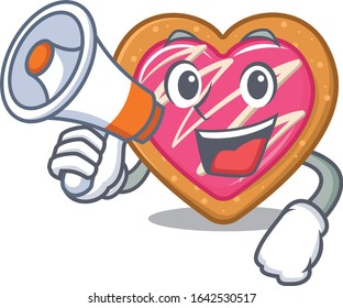 A mascot of cookie heart speaking on a megaphone