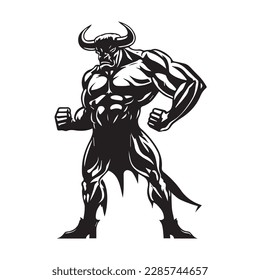 Mascot of cool angry bull buffalo devil human muscular body. black white line art vector illustration