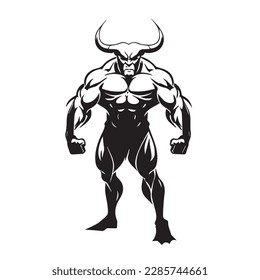 Mascot of cool angry bull buffalo devil human muscular body. black white line art vector illustration