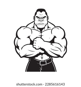 Mascot of cool angry gorilla monkey apes king human muscular body. black white line art vector illustration