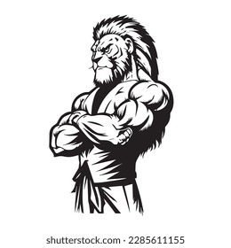 Mascot of cool angry lion king wearing formal suit. black white line art vector illustration