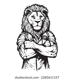 Mascot of cool angry lion king wearing formal suit. black white line art vector illustration