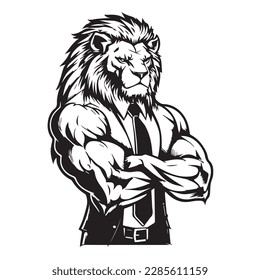 Mascot of cool angry lion king wearing formal suit. black white line art vector illustration