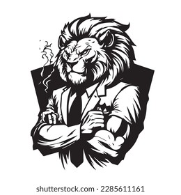 Mascot of cool angry lion king wearing formal suit. black white line art vector illustration