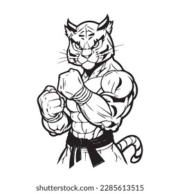 Mascot of cool angry tiger jaguar king human muscular body. black white line art vector illustration