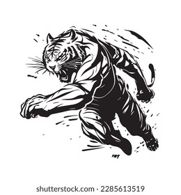 Mascot of cool angry tiger jaguar king human muscular body. black white line art vector illustration
