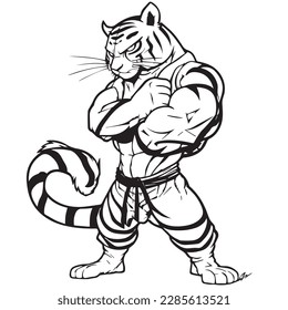 Mascot of cool angry tiger jaguar king human muscular body. black white line art vector illustration